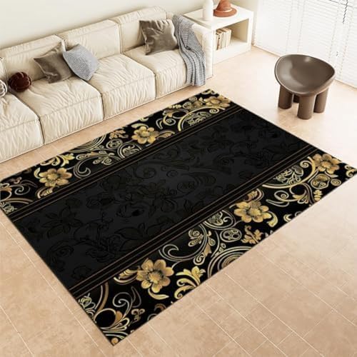 GENMIP Black Gold Area Teppiche Gold Blumenmuster Maschine Waschbar Teppich Weiche Flauschige, Rutschende Kurzhaufen Teppich Für Wohnzimmer Schlafzimmer Esszimmer Küchenbüro & von GENMIP