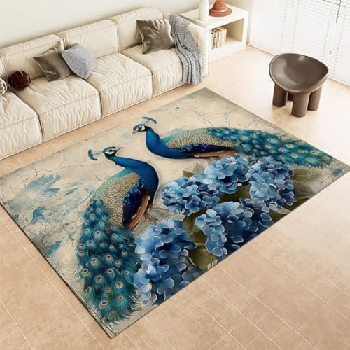 GENMIP Blaue Teppiche Peacock Hortensie Blumenmaschine Waschbar Teppich Weicher Kurzer Pfahl Teppich Mit Rutsch-Rutsching, Fleckresistent Für Wohnzimmer Schlafzimmer Küche & Büro Wohnheimdekoration, von GENMIP