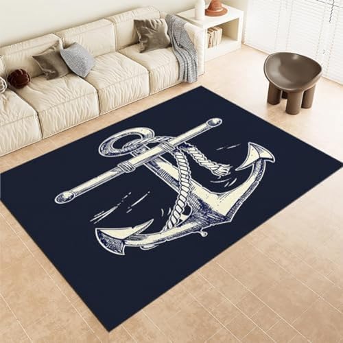 GENMIP Deep Blue Area Teppiche Marine Anker Malerei Maschine Waschbarer Nicht Rutscher Fläche Teppich Easy Care Short Stapel Teppich Für Wohnzimmer Schlafzimmer Esszimmer Büro & Kindergarten, von GENMIP