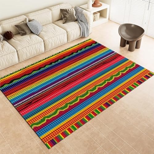 GENMIP Farbenfrohe Und Farbenfrohe Teppiche Bohemian Mexikanische Streifen Maschine Waschbar Kurzer Pfahl Teppich Nicht-Rutsch-Innenmatte Für Wohnzimmer Schlafzimmer Büroküche & Flur Dekor, von GENMIP