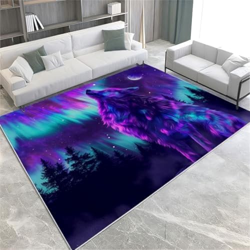GENMIP Lila Aurora Fläche Teppiche Tier Wolf Maschine Waschbarer Nicht Rutscher Kurzer Pfahl Teppich Für Wohnzimmer Schlafzimmer Hausdekoration Teppich, von GENMIP