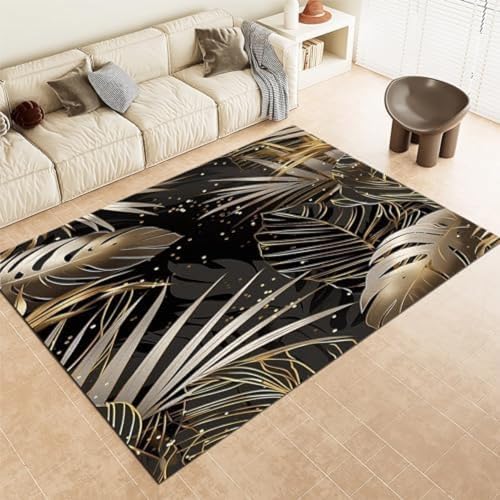 GENMIP Schwarze Fläche Teppiche Pflanzenblatt Gold Palmblattmaschinen Waschbarer Nicht Rutscher Kurzer Pfahl Teppich Für Wohnzimmer Schlafzimmer Wohnkultur Teppich, von GENMIP
