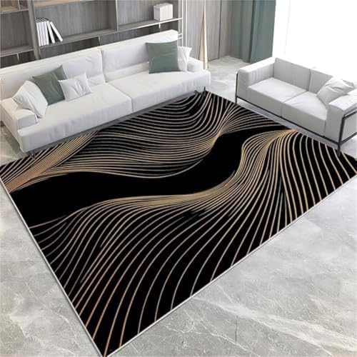 Schwarze Fläche Teppiche Geometrische Goldene Linien Waschbarer Plüsch & Flauschiger Nicht Rutscher Stapelbodenmatte Für Schlafzimmer Esszimmer & Lounges, von GENMIP