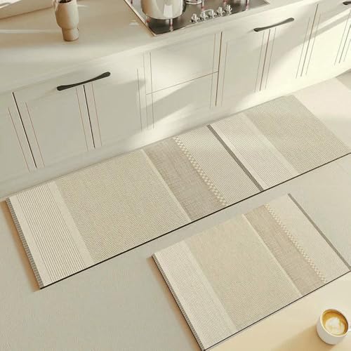 GENPICONG Küchenteppich Beige Matte PVC Wasserdicht Einfarbig Langer Streifen Teppich Ölbeständig Leder Fußmatten Boden rutschfest Waschbar von GENPICONG