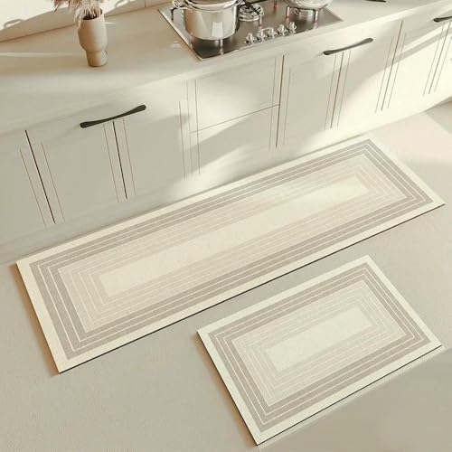 GENPICONG Küchenteppich Beige Matte PVC Wasserdicht Einfarbig Langer Streifen Teppich Ölbeständig Leder Fußmatten Boden rutschfest Waschbar von GENPICONG