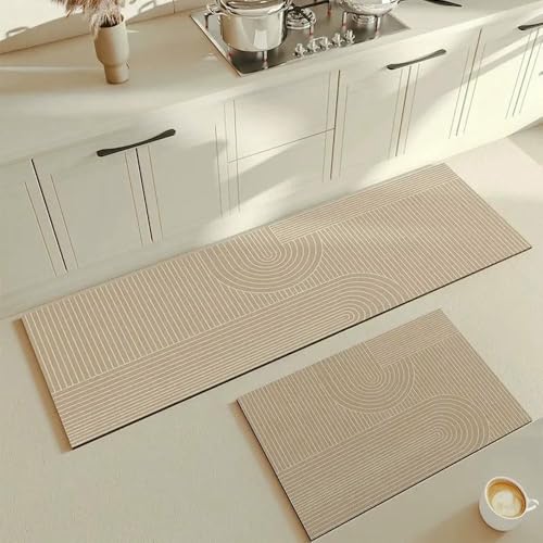 GENPICONG Küchenteppich Beige Matte PVC Wasserdicht Einfarbig Langer Streifen Teppich Ölbeständig Leder Fußmatten Boden rutschfest Waschbar von GENPICONG