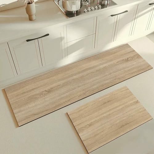 GENPICONG Küchenteppich Beige Matte PVC Wasserdicht Einfarbig Langer Streifen Teppich Ölbeständig Leder Fußmatten Boden rutschfest Waschbar von GENPICONG