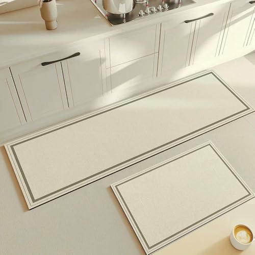 GENPICONG Küchenteppich Beige Matte PVC Wasserdicht Einfarbig Langer Streifen Teppich Ölbeständig Leder Fußmatten Boden rutschfest Waschbar von GENPICONG
