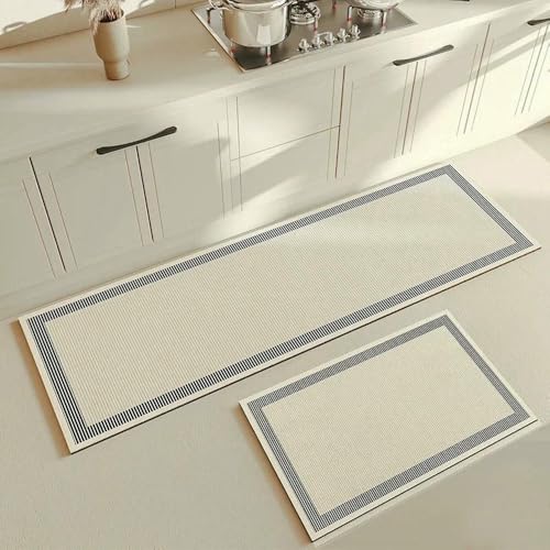 GENPICONG Küchenteppich Beige Matte PVC Wasserdicht Einfarbig Langer Streifen Teppich Ölbeständig Leder Fußmatten Boden rutschfest Waschbar von GENPICONG