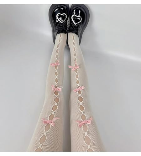 GENPICONG Lolita Cosplay Bowknot Aushöhlen Strumpfhosen Dünne Ins Tide Spitzenstrumpfhosen Anime Socken Schwarz Weiß Fischnetz Seidenstrümpfe von GENPICONG