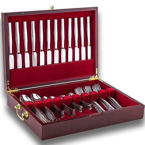 GENRICE Bestecktruhe aus Holz ohne Besteck, Besteckkasten für Silber, Besteckkoffer mit Griff und Filz gefüttert, Bestecktruhe für 12 Sets von Utensilien von GENRICE