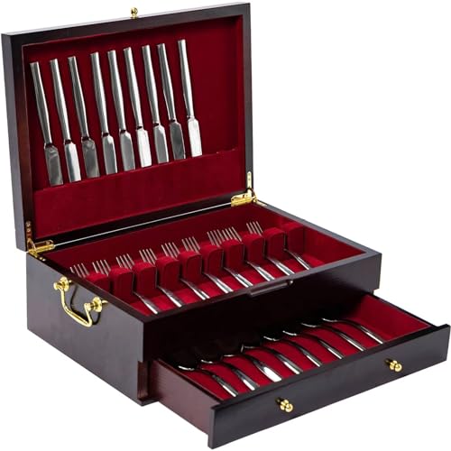 GENRICE Bestecktruhe aus Holz ohne Besteck, doppellagig, Besteckbox für Silber, Besteckkoffer mit Griff und Filz gefüttert, Bestecktruhe für 12 oder 16 oder mehr Utensilien von GENRICE