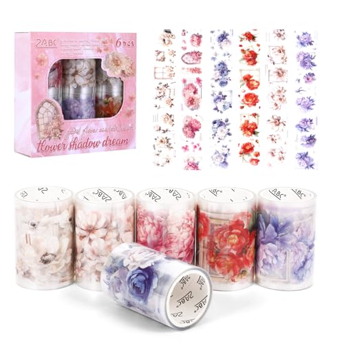 6 Rollen Floral Washi Tape Set, Vintage Washi Sticker Rolle Rub on Scrapbook Zubehör Set Blumen Glitzer Washitape, Journaling Zubehör für Scrapbooking Bullet JournalZubehör Kunsthandwerk Geschenke DIY von GENZYRE