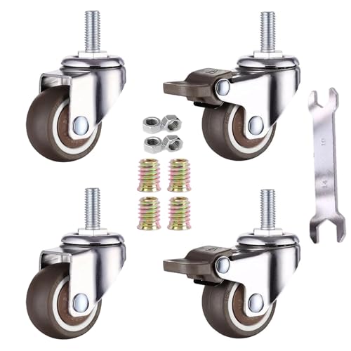 GEOCANG 4er Set 50 mm Lenkrollen für Möbel, M10 x 25 mm Gewinde, mit Bremse bis 30 kg pro Rad, Weichgummi Möbelrollen(50 mm-mit Bremse) von GEOCANG
