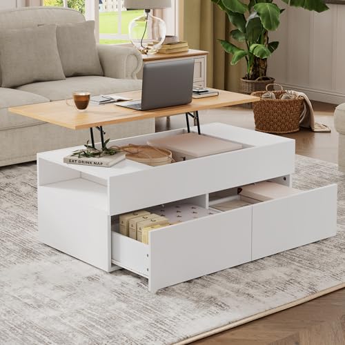 GEOKILO 100 * 50 * 40cm couchtisch Höhenverstellbarer Kaffeetisch mit Verstecktem Stauraum, wohnzimmertisch mit 2 schubladen,Sofatisch mit halboffenem Stauraum, Beistelltisch in Weiß + Holzfarbe von GEOKILO