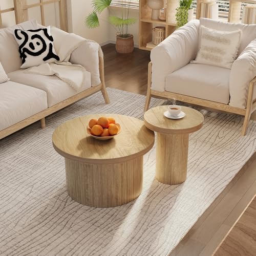 GEOKILO Couchtisch 2er Set Rund, Wohnzimmertisch Modern, Beistelltisch mit Naturholzlatten, Multifunktionaler Wohnzimmertisch,Couch Tisch für Wohnzimmer, Schlafzimmer, Büro, Balkon von GEOKILO