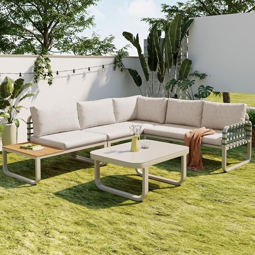 GEOKILO Gartenlounge Set, Garten loungemöbel Set für 4-5 Sitzplätze, wetterfest Grünes Leder Rattan gartenlounge Aluminium, mit 2 2er Sofa, 1 Einzelsofa und 1 Tisch Aller Sitz- und Rückenkissen von GEOKILO