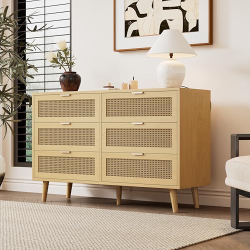 Kommode mit 6 Schubladen, Rattan Sideboard Schubladenschrank aus Holz, Schubladenkommode mit Metallgriffe, für Schlafzimmer, Wohnräume, Büro, Sideboard Highboard mit viel Stauraum, B120/H76.5/T40 cm Kommode mit 6 Schubladen, Rattan Sideboard Schubladenschrank aus Holz, Schubladenkommode mit Metallgriffe, für Schlafzimmer, Wohnräume, Büro, Sideboard Highboard mit viel Stauraum, B120/H76.5/T40 cm von GEOKILO