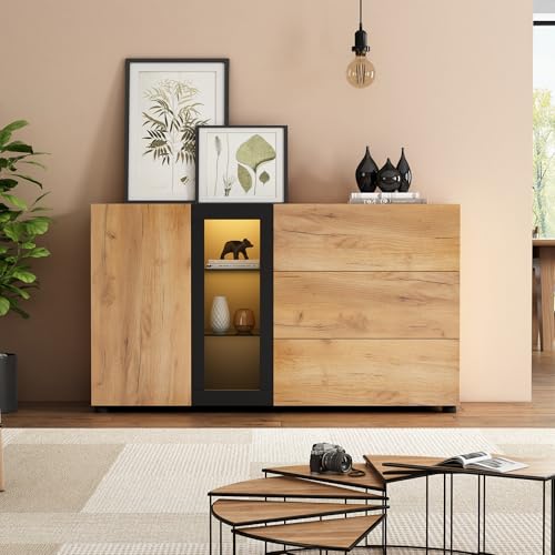 Sideboard, Sideboard Wohnzimmer mit 3 Schubladen, Accent Konsolentisch Aufbewahrungsschrank mit Türen & Glas, Verstellbare Ablage, Buffetschrank für Küche Wohnzimmer Esszimmer-140 x 40 x 80 cm von GEOKILO