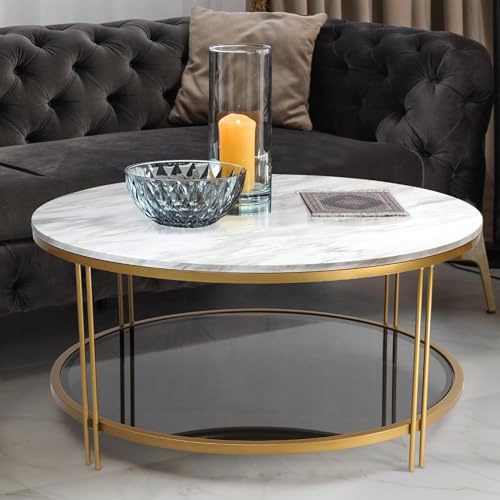 Runder Couchtisch, moderner goldfarbener Couchtisch mit Marmorpapierplatte, 2-stöckig, gehärtetes Glas, Aufbewahrung, Wohnzimmer, Couchtisch, 91,4 cm Durchmesser von GEPOW