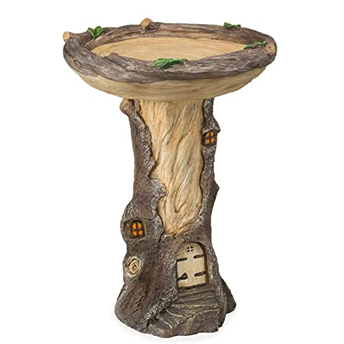 Vogeltränke Vogeltränke Ganzgröße Feengarten Vogeltränke mit Miniatur-Feenhaus im Baumstumpf handbemaltes Allwetter-Holz Optik Kunstharz von GEQIAN