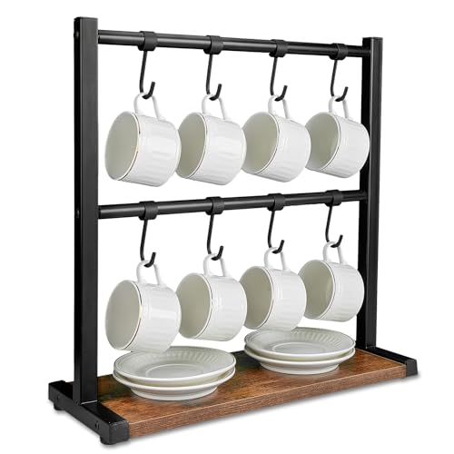 GERAWOO Tassenhalter Stehend mit 2-Stöckiger, Espressotassen Ständer mit 8 Einstellbar Haken, Hochwertiges Tassenregal Tassen Organizer für Küche Esszimmer Café Kaffeebar (Vintage-Braun) von GERAWOO