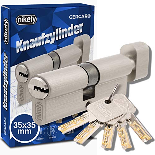 GERCAR Pro 70 mm Knaufzylinder 35/35 Massiver Schließzylinder mit Knauf Zylinderschloss Türschloss - aus Messing Matt Vernickelt - inkl. 5 Schlüssel - Wendeschlüssel - A:35 B:35-1er Set von GERCAR