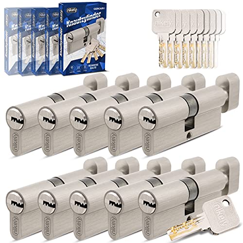 GERCAR Pro Gleichschließend 10 Knaufzylinder 30/30 Set 10x Schließzylinder mit Knauf inkl. 50 Schlüssel - 60 mm Türschloss Zylinderschloss 10er Zylinder - Länge: 60mm, A:30 B:30 - Messing matt von GERCAR