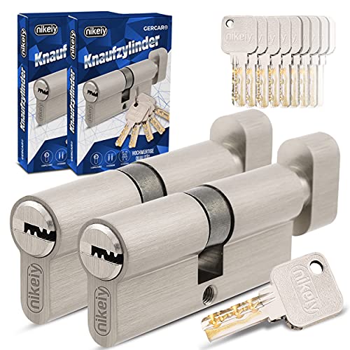 GERCAR Pro Gleichschließend 2 Knaufzylinder 30/30 Set 2x Schließzylinder mit Knauf inkl. 10 Schlüssel - 60 mm Türschloss Zylinderschloss 2er Zylinder - Länge: 60mm, A:30 B:30 - Messing matt massiv von GERCAR