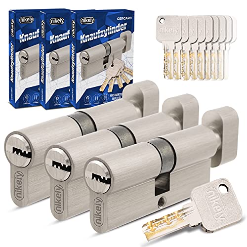 GERCAR Pro Gleichschließend 3 Knaufzylinder 30/30 Set 3x Schließzylinder mit Knauf inkl. 15 Schlüssel - 60 mm Türschloss Zylinderschloss 3er Zylinder - Länge: 60mm, A:30 B:30 - Messing matt massiv von GERCAR