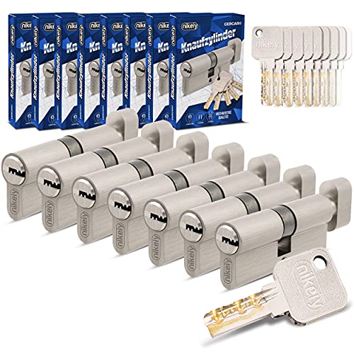 GERCAR Pro Gleichschließend 7 Knaufzylinder 30/30 Set 7x Schließzylinder mit Knauf inkl. 35 Schlüssel - 60 mm Türschloss Zylinderschloss 7er Zylinder - Länge: 60mm, A:30 B:30 - Messing matt massiv von GERCAR