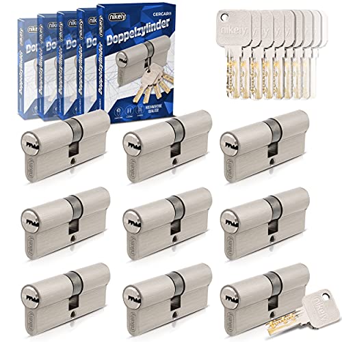 GERCAR Pro Gleichschließend 9x Schließzylinder 35/35 Set 9 Profilzylinder inkl. 45 Schlüssel - 70 mm Türschloss Zylinderschloss 9er Zylinder - Länge: 70mm, A:35 B:35 - Messing matt massiv von GERCAR