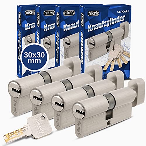 GERCAR Pro Knaufzylinder 30/30 Massiver Schließzylinder gleichschließend mit Knauf - 4er Set Zylinderschloss aus Messing Matt Vernickelt - inkl. 10x Wendeschlüssel - Länge: 60 mm, A:30 B:30-4x von GERCAR