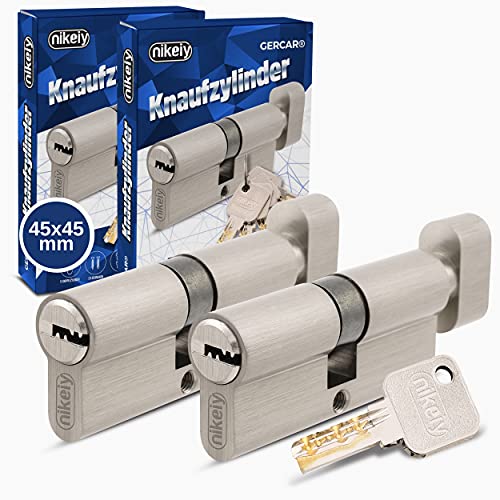 GERCAR Pro Knaufzylinder 45/45 Massiver Schließzylinder gleichschließend mit Knauf - 2er Set Zylinderschloss aus Messing Matt Vernickelt - inkl. 10x Wendeschlüssel - Länge: 90 mm, A:45 B:45-2x von GERCAR