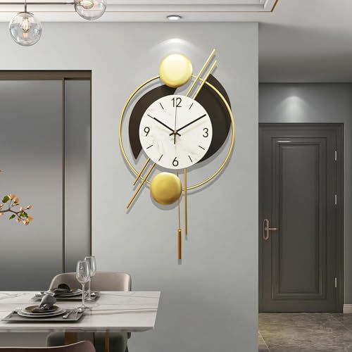 GERHWASH Wanduhr Groß, Wanduhr Ohne Tickgeräusche Moderne Markante Wanduhr Aus Metall mit Goldenem Pendel Pendeluhr Wanduhr Schwarz Gold für Wohnzimmer Schlafzimmer Küche von GERHWASH