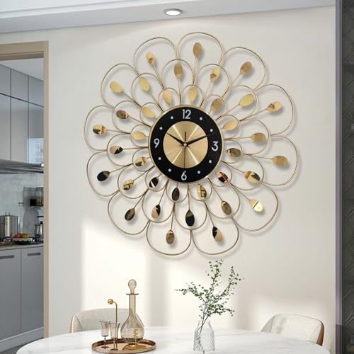 GERHWASH Wanduhr Groß Gold Wohnzimmer Uhr Wand Modern Küchenuhr Wanduhr Lautlos Wanduhr 60 cm Durchmesser Blumenförmige Metall Wanduhren, für Küche Schlafzimmer Büro von GERHWASH