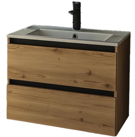 GERMAN Badmöbel Set 60 cm mit Keramik Waschbecken – Waschtisch Eiche Artisan & Schwarz Matt – Hängeschrank mit 2 Schubladen, Softclose & ohne Griffe – Badezimmermöbel modern von GERMAN
