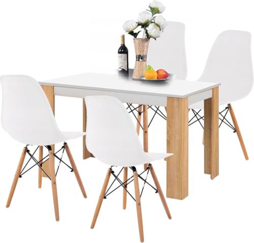 GERMAN Essgruppe ALA – Esstisch 120x60 cm mit weißer Tischplatte & Sonoma-Eiche Beinen + 4 Polsterstühle in Schwarz aus Kunstleder – Moderner Esszimmer Set im skandinavischen Stil GERMAN Essgruppe ALA – Esstisch 120x60 cm mit weißer Tischplatte & Sonoma-Eiche Beinen + 4 Polsterstühle in Schwarz aus Kunstleder – Moderner Esszimmer Set im skandinavischen Stil von GERMAN