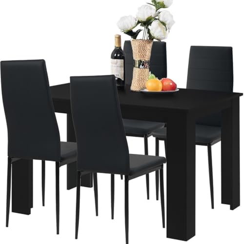 GERMAN Essgruppe Set Tisch und Stühle, Esstisch und 4X Stuhl, strapazierfähiges Kunstleder, Küchenstühle modern, Küche - schwarz von GERMAN