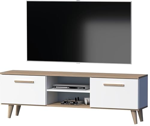 GERMAN TV-Schrank, Lowboard 160 cm, Skandinavisches Design, Weiß/Eiche, TV-Möbel für Fernseher bis 70 Zoll, mit Türen und Regalfächern von GERMAN