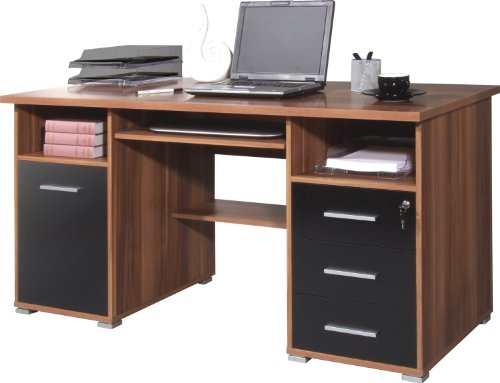 Germania Computertisch 0484-87 in Walnuss-Nb./Schwarz, abschließbar und mit Tastaturauszug, 145 x 75 x 70 cm (BxHxT) von GERMANIA DIE MÖBELMACHER