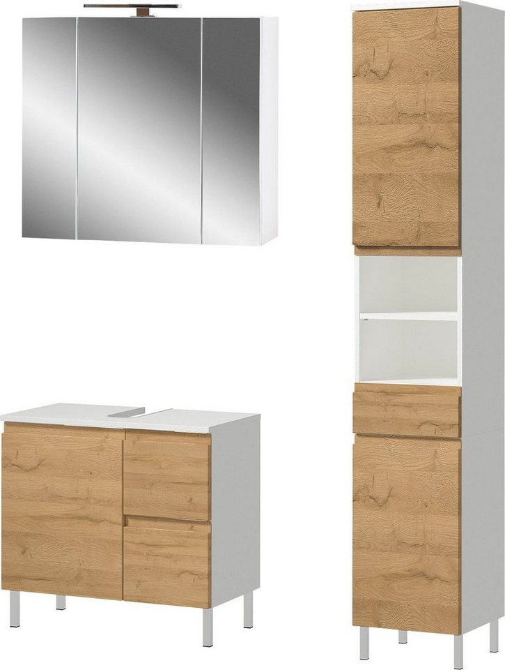 GERMANIA Badmöbel-Set Torrance, (3-St), Waschbecken-Unterschrank, Spiegelschrank mit Beleuchtung, Hochschrank von GERMANIA