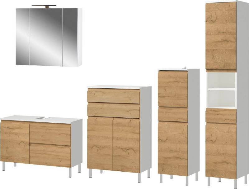 GERMANIA Badmöbel-Set Torrance, (5-St), Unterschrank, Spiegelschrank mit Beleuchtung, Kommode, Hochschrank von GERMANIA