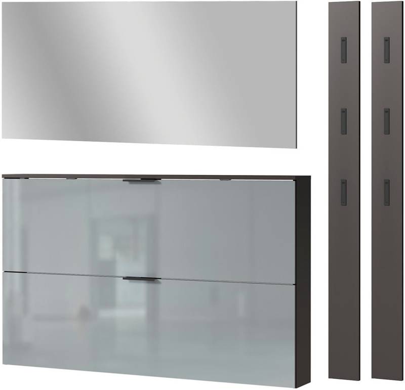 GERMANIA Garderoben-Set Valega, (4-St), Schuhschrank mit Glasfronten, Spiegel und zwei Garderobenpaneelen von GERMANIA
