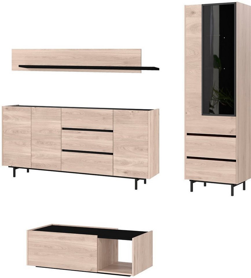 GERMANIA Wohnzimmer-Set Cantoria, (Set, 4-St), mit Sideboard, Wandboard, Vitrine, Couchtisch, griffloses Design von GERMANIA