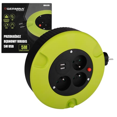 GERMINA DER ELECTRIKER Cable de extensión de carrete de jardín IP20 cable de 5 metros de grosor manivela de bobinado + 3 salidas + USB von GERMINA DER ELECTRIKER