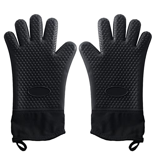 2-teilig Premium Ofenhandschuhe bis zu 350°C - Silikon Extrem Hitzebeständige Grillhandschuhe BBQ Handschuhe zum Backen, Barbecue, Extra Lange Topfhandschuhe für Extreme Sicherheit (schwarz) von GERUI