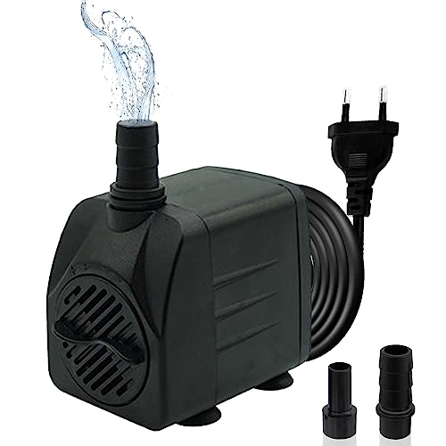 Mini Wasserpumpen(450L/H, 8W), Ultra Leise Aquarium pumpe mit hohem Hub, brunnenpumpe mit 1,5 m Netzkabel, 2 Düsen für Aquarien, Teich, Brunnen, Statuen von GERUI