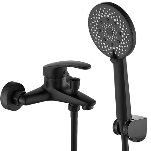 GERUIKE Badewannenarmatur Einhebel mit Handbrause und Duschschlauch Gummi (150cm), Mischbatterie Badewanne mit Auslauf, Duschkopf mit 5 Strahlarten und Halterung Einhebelmischer Schwarz Matt von GERUIKE