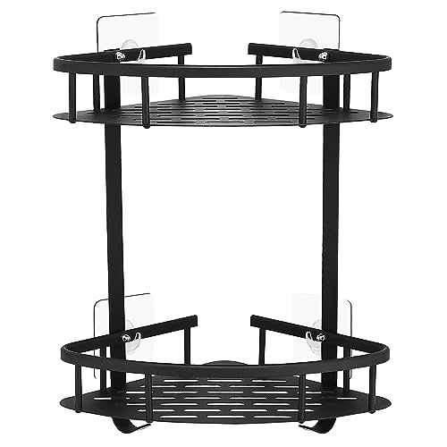 GERUIKE Duschkorb Ohne Bohren Ecke - Duschregal Ohne Bohren Schwarz Matt - Duschablage Ecke Badezimmer Organizer, Duschkörbe Klebepads anstelle Bohren, Aluminium Eckregal Bad 2-Tier von GERUIKE